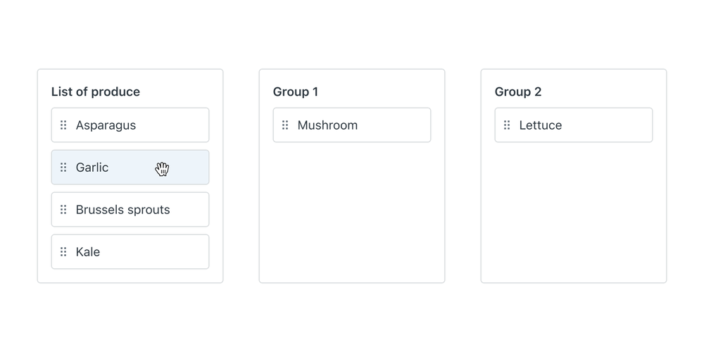 Three lists with draggable items with a cursor hovering over one item in the first group.