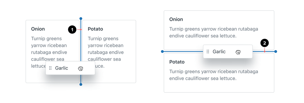 Two examples showing when vertical and horizontal indicators appear when a draggable item is dragged.