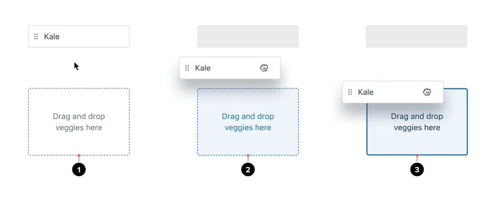 Three examples showing a dropzone in the default, active, and highlighted state.