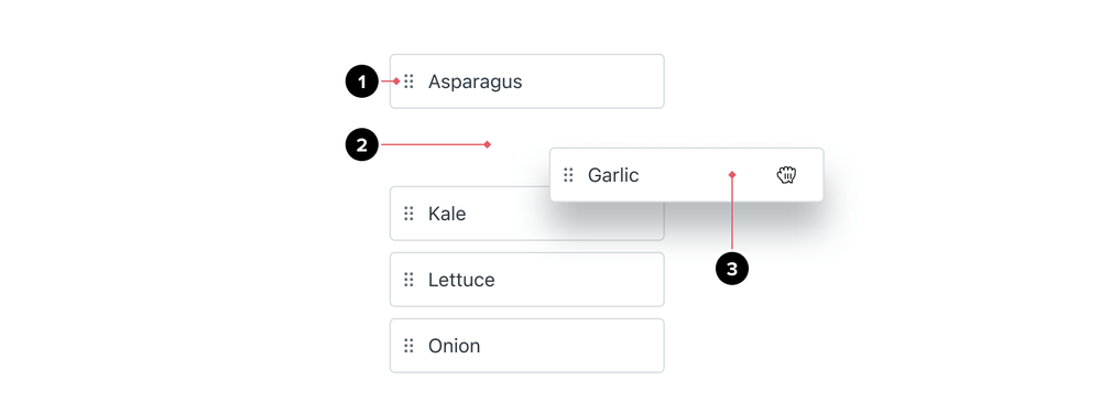 List of items with one item being dragged to show parts of the item.
